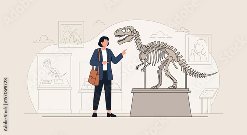 Woman Visiting Paleontology Museum Staring at a Tyrannosaurus Rex Skeleton