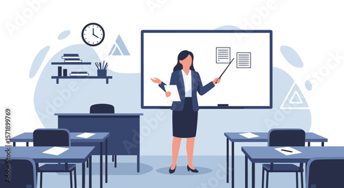 Professional Teacher Explaining Lesson in the Classroom with Whiteboard and Paper