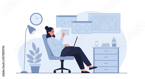 Woman Working From Home With Laptop And Website Wireframes On Screen Illustration