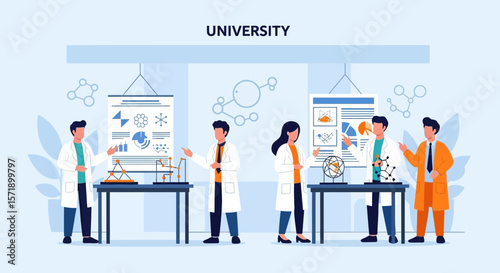 Students Presenting Scientific Projects Inside University Modern Laboratory Setting