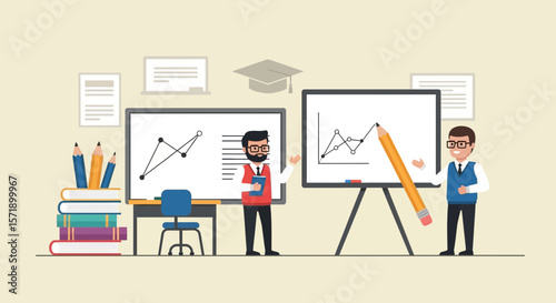 Professors Presenting Data Analysis Results With Charts And Statistics On Whiteboards