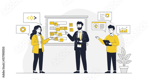 Project Team Brainstorming Business Strategy On A Kanban Board For Agile Workflow