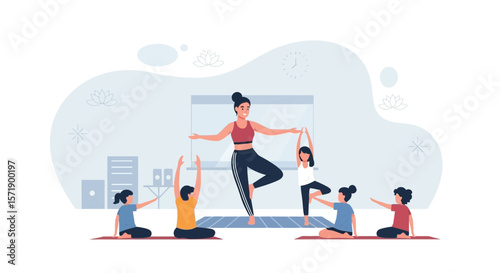 Yoga Class Session With Instructor Demonstrating Tree Pose With Student