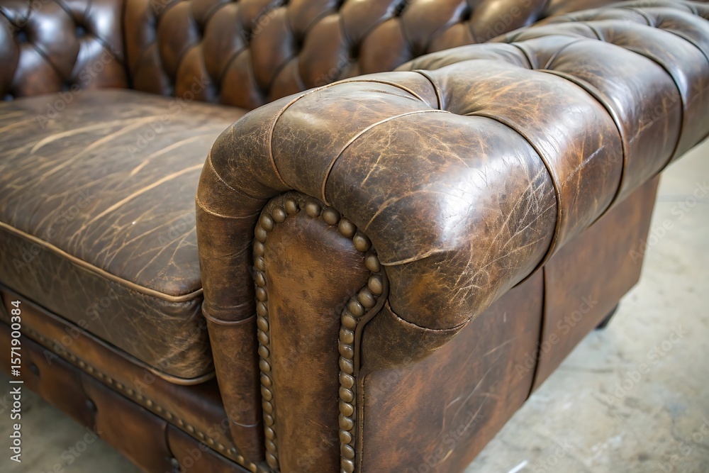 Obraz premium Luxurious Vintage Brown Leather Chesterfield Sofa with Distressed Finish and Nailhead Trim, Perfect for a Classic Interior Design