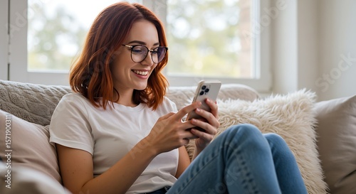 Smiling young woman wearing glasses, holding smartphone and using cellphone, looking at mobile phone, checking online educational apps on mobile phone, texting, surfing internet for shopping, sitting 