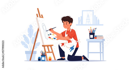 Young Artist Creating An Abstract Painting In A Bright Studio Illustration