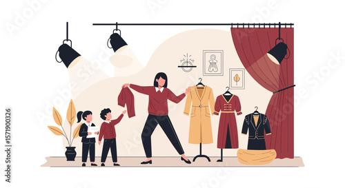 Stylist And Young Assistants Choosing Outfits For A Fashion Show Presentation