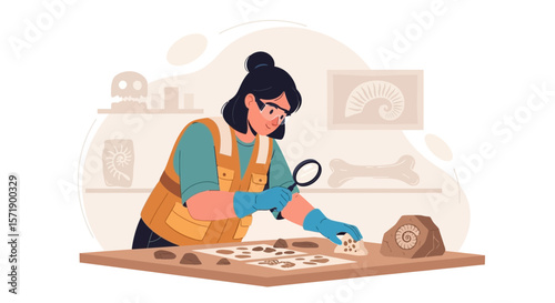 Young Archaeologist Examining Fossil Specimens With Magnifying Glass In Laboratory