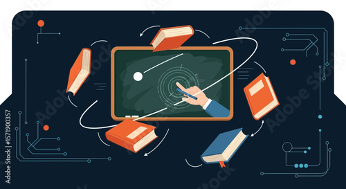 Interactive Learning Concept With Blackboard And Flying Books Against Technological Background