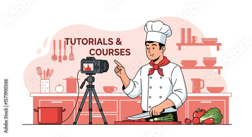 Online Culinary Lessons Chef Demonstrating Food Preparation In Kitchen Studio