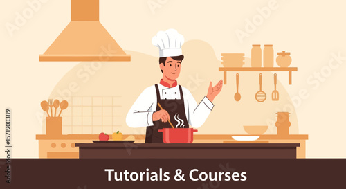 Online Culinary Tutorials Chef Preparing Meal On Kitchen For Cooking Courses