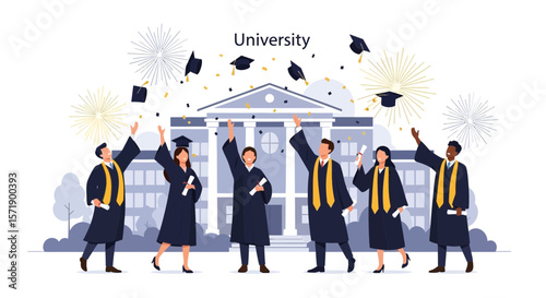 Successful University Graduation Ceremony Celebrating with Tossing Hats in the Air