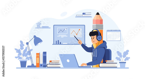 Online Education And Remote Work Concept With A Student Learning At Home