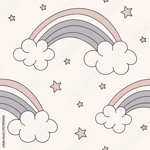Pastel Rainbow and Clouds: Seamless pattern with pastel rainbows, fluffy clouds, and scattered stars on a soft background. Perfect for nurseries, baby shower invitations, and children’s clothing.