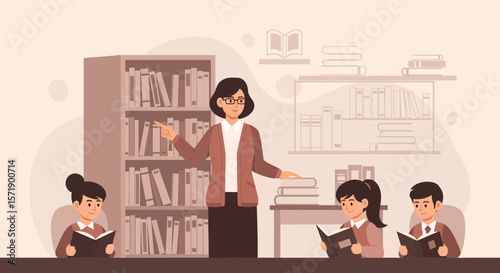 Teacher Directing Students Studying In Library With Bookshelves And Table