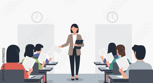 Teacher Distributing Worksheets To Students In A Classroom With Clock On The Wall
