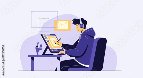 Young Creative Designer Working On A Digital Drawing Tablet With Headphones On