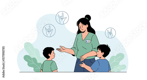 Teacher Explaining American Sign Language Hand Gestures To Elementary Students