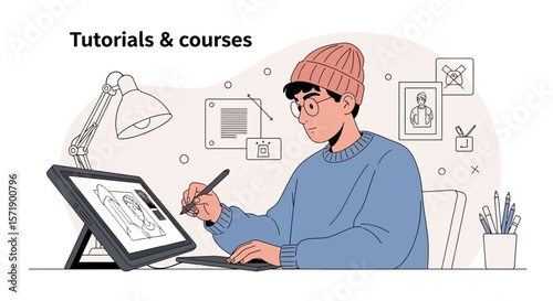 Young Creative Man Drawing Sketches On A Digital Tablet At His Workspace