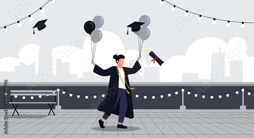 Joyful Graduate Celebrates Achievement With Balloons And Diploma On City Rooftop