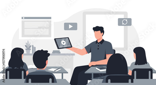 Teacher Explaining Lesson From Tablet To Students In Virtual Classroom