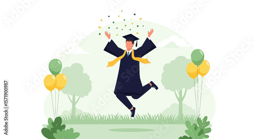Joyful Graduate Celebrates Success with Balloons And Confetti In The Park