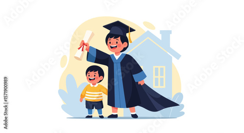 Proud Graduation Achievement With Younger Brother In Front Of A House Illustration