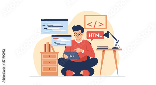 Young Developer Working From Home Coding On Tablet And Computer Illustration