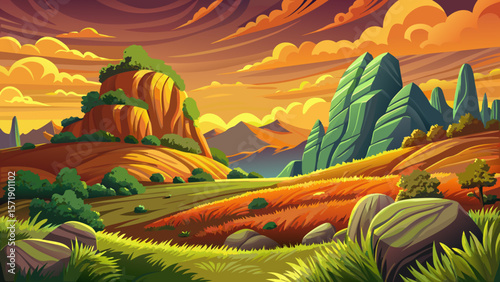 Panoramic countryside vector, Romania spring landscape, rolling hills, grassy fields, rural mountain scenery, sunny afternoon, blooming meadows, peaceful nature, European village view, green valley