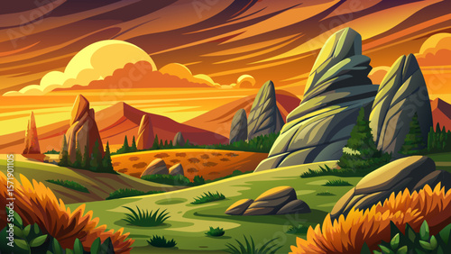 Panoramic countryside vector, Romania spring landscape, rolling hills, grassy fields, rural mountain scenery, sunny afternoon, blooming meadows, peaceful nature, European village view, green valley