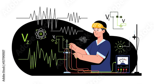 Young Female Researcher Conducts Experimentation In Physics Lab Illustration