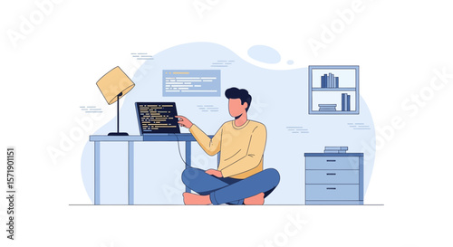 Young Freelancer Coding On Laptop At Home Office Work From Home Concept