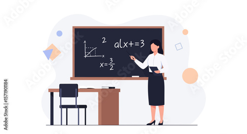 Teacher Explaining Mathematical Equations on Blackboard in Classroom Setting Illustration