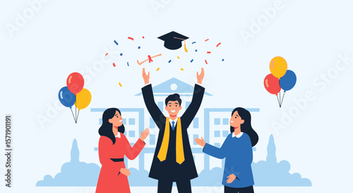 Joyful Graduation Celebration With Friends And Confetti Against University Building