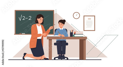 Teacher Explaining Math Problem to Student in Classroom Illustration