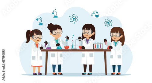 Young Future Scientists Conducting Experiments In A Lab With Safety Glasses