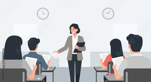 Teacher Giving Papers to Students in a Classroom Setting Illustration