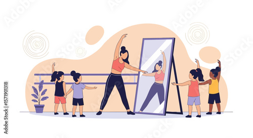 Teacher Guiding Little Girls In Ballet Lesson Before Mirror In Class