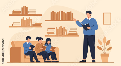 Teacher Guiding Students In Library Learning And Reading Literature Together