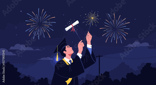 Young Graduate Celebrating With Sparklers And Diploma Under Festive Fireworks Display