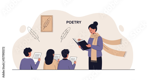 Teacher Is Reading Poem To Students In The Classroom Vector Illustration