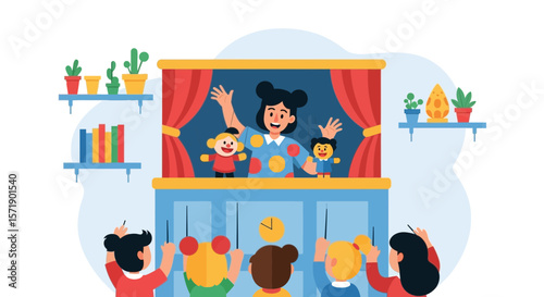 Joyful Puppet Show Performance For Children With Smiling Performer And Cheerful Audience