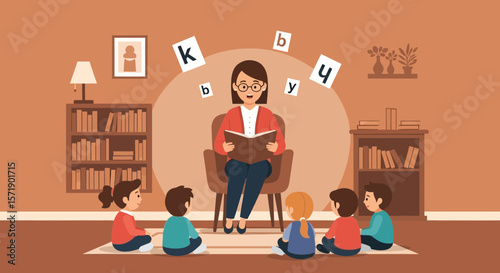Teacher Reads to Young Students in the Classroom Learning with Fun Illustration
