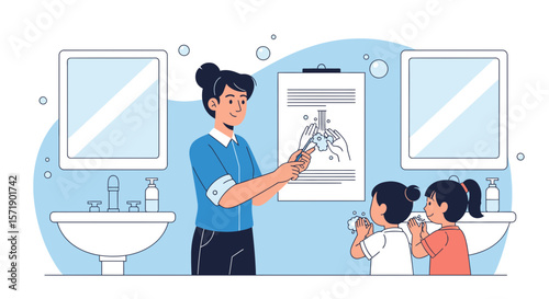 Teacher Showing Handwashing Steps To Students In Classroom Hygiene Education Illustration