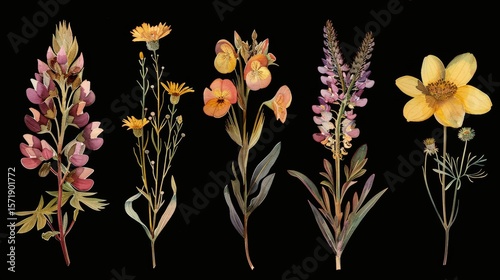 Pressed wildflowers illustrated in delicate watercolor style, arranged vertically against a black background with intricate botanical detail and vintage aesthetic
