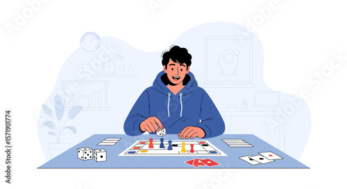 Young Man Enjoys a Board Game at Home Recreational Activity Illustration