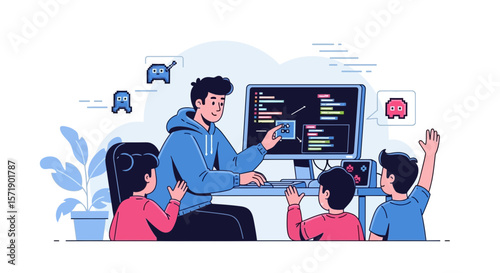 Teacher Teaches Children Game Programming Using Computer Learning Software Development