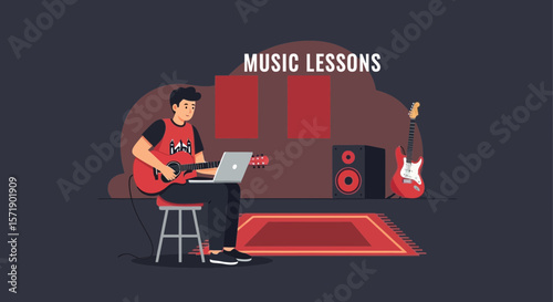 Online Guitar Lessons Young Man Learning To Play Instrument With Laptop