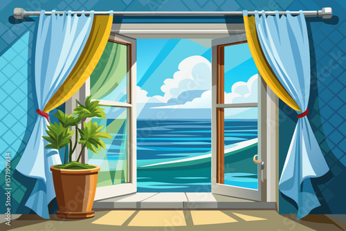 vector of Half-open window, white curtains, beautiful view of the ocean...