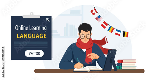 Young Man Participating In Online Language Learning Program With International Flags